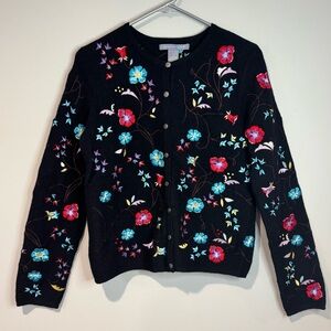 Carroll Reed Vintage Black Floral Multicolor Embroidered Wool Cardigan Sweater S